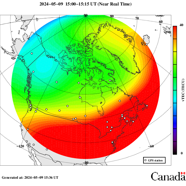 Total Electron Count (TEC) over Canada from the last 7 days. <a href='https://ubc-geomatics-textbook.github.io/geomatics-textbook/#14-total-electron-count-canada'>Animated figure can be viewed in the web browser version of the textbook.</a> Data from Natural Resources Canada, Environment Canada, and the Canadian Space Agency. <a href='https://open.canada.ca/en/open-government-licence-canada/'>Open Government License - Canada</a>.