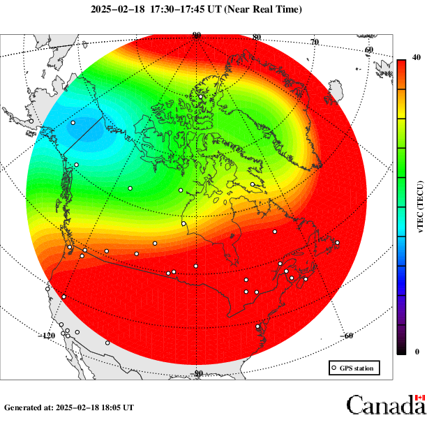 Map of Total Electron Content over Canada. Description of graphic follows.