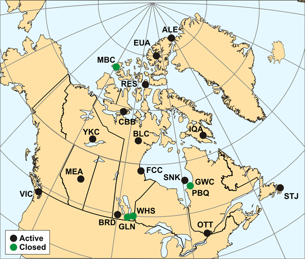 Map of canadian observatories.  For more information, view the following table.