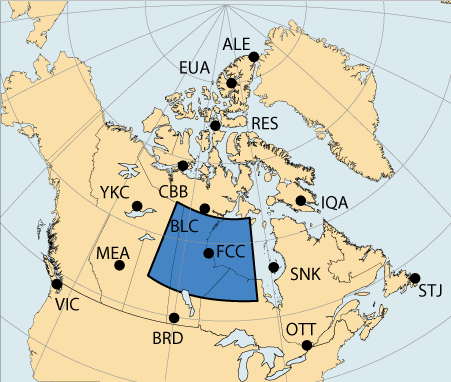 Map of Canada with a large area highlighted in the vicinity of Churchill, Manitoba which is associated with the Central Auroral region