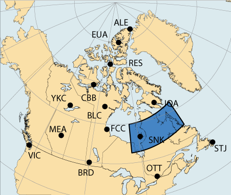 Map of Canada with a large area highlighted in the vicinity of Sanikiluaq, Nunavut which is associated with the Eastern Auroral region