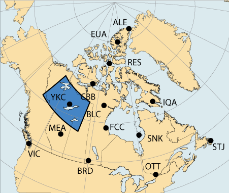 Map of Canada with a large area highlighted in the vicinity of Yellowknife, Northwest Territories which is associated with the Western Auroral region
